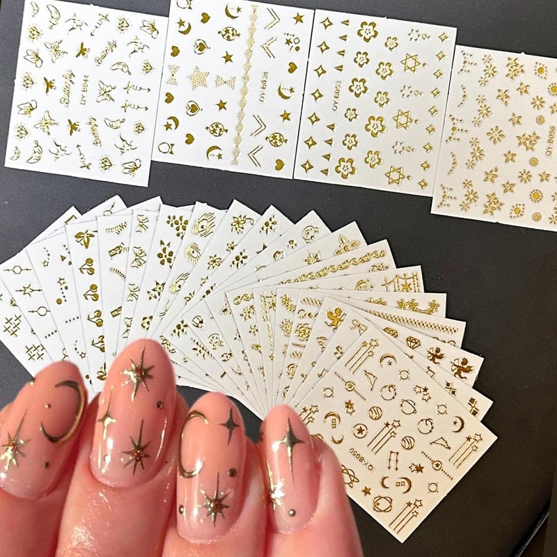 SPLOCUDU 30 Sheets Gold Nail Art Stickers Gold Flower Butterfly Nail Stickers Star Line Self-Adhesive Nail Decals Acrylic Nails DIY Design Nail Supplies for Women and Girls - Image 1